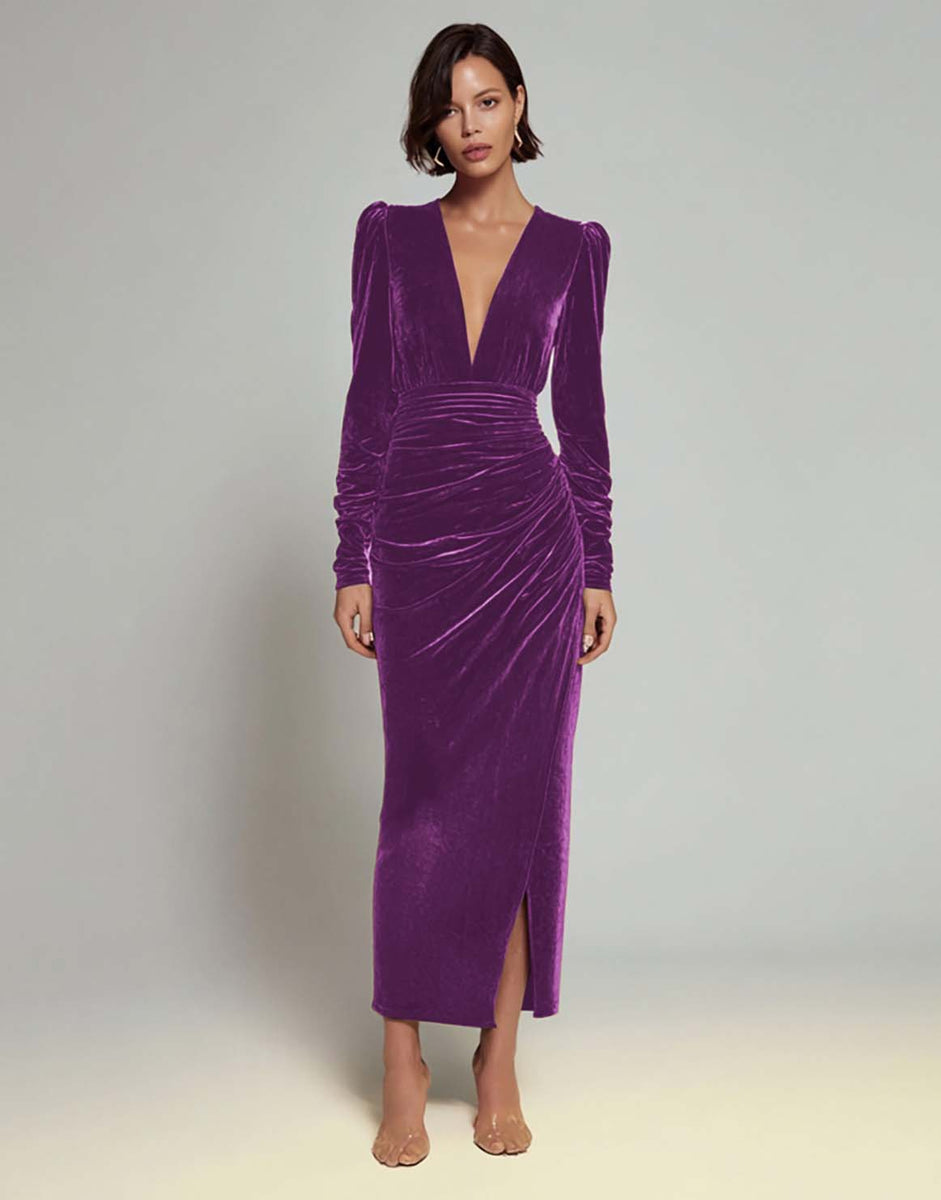 Load image into Gallery viewer, Olive Sheath Deep V-Neck Velvet Long Holiday Party Dress with Sleeves