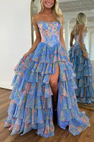 Load image into Gallery viewer, Sparkly Blue Floral Ruffled Long Corset Prom Dress with Slit