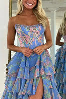 Load image into Gallery viewer, Sparkly Blue Floral Ruffled Long Corset Prom Dress with Slit