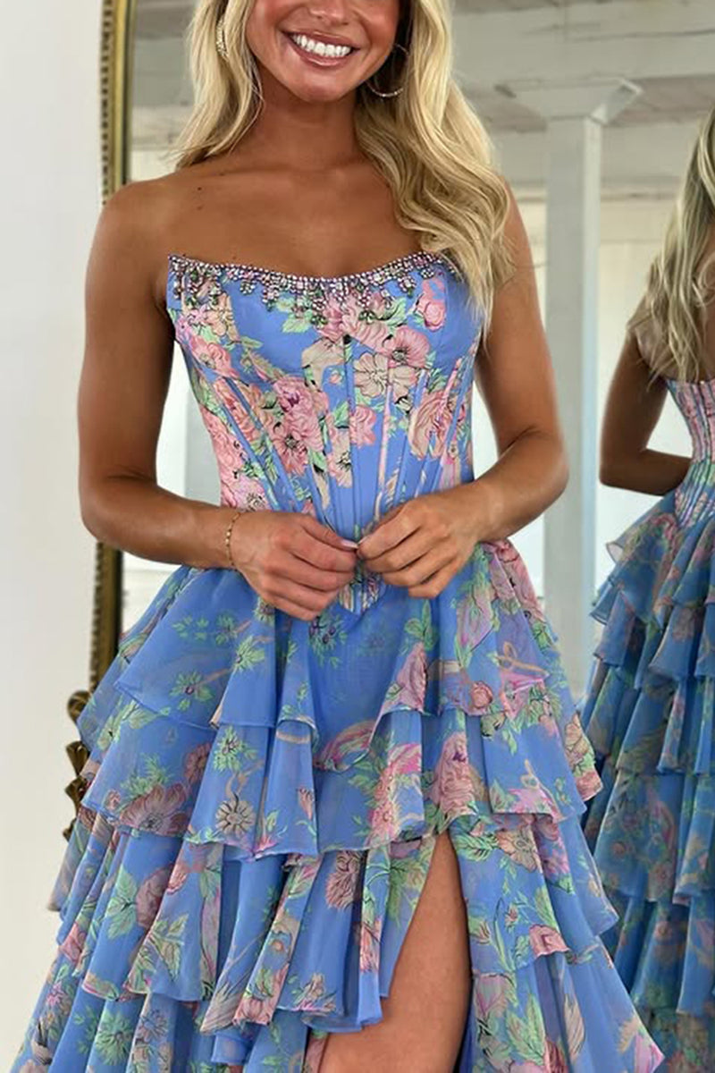 Load image into Gallery viewer, Sparkly Blue Floral Ruffled Long Corset Prom Dress with Slit