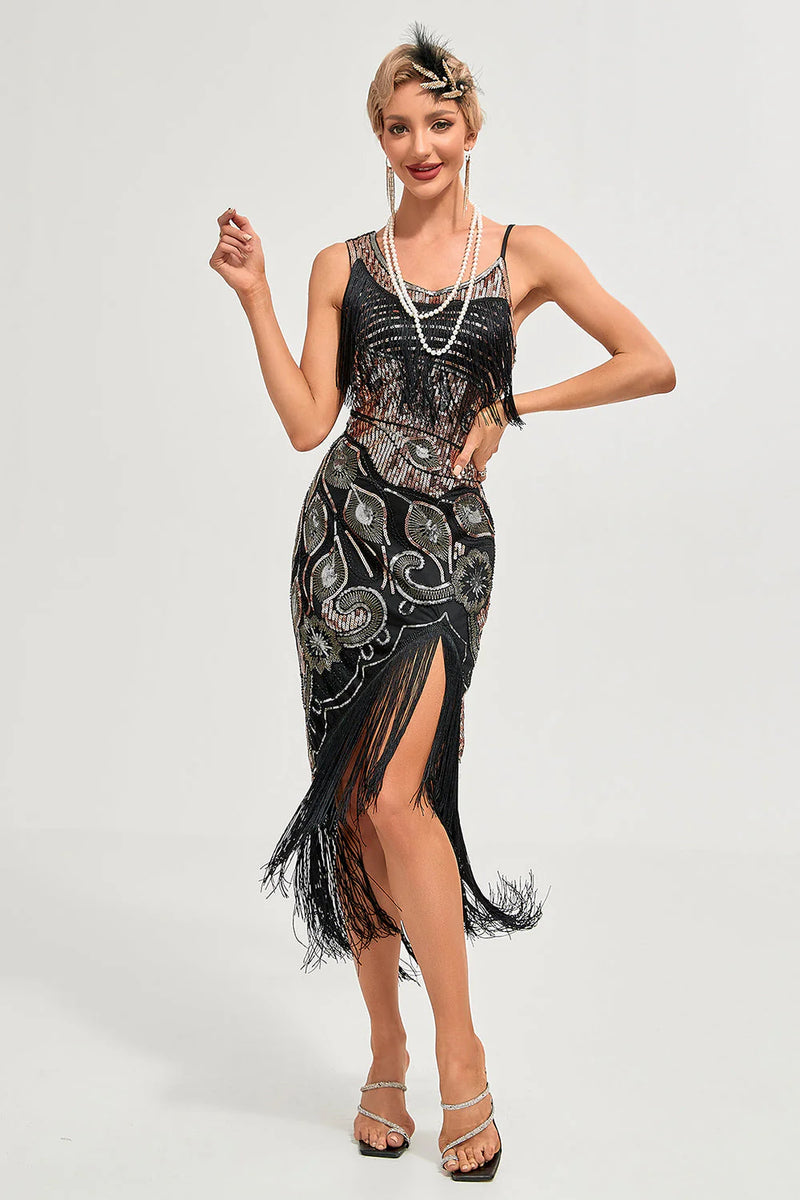 Load image into Gallery viewer, Champagne Spaghetti Straps Gatsby Fringed Flapper Dress