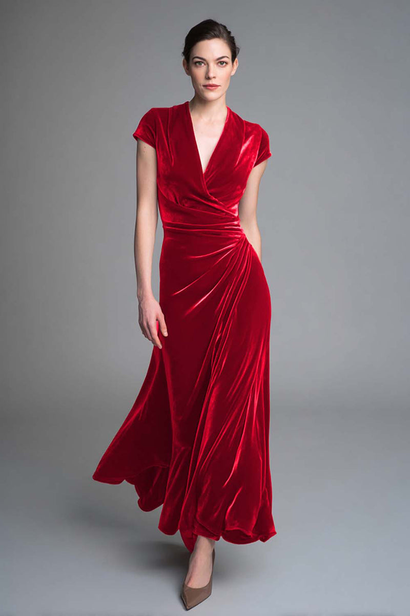 Load image into Gallery viewer, Plum Ruched V Neck Velvet Long Holiday Party Dress with Sleeves