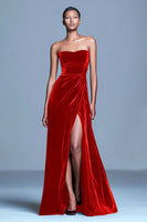 Load image into Gallery viewer, Burgundy Velvet Long Strapless Holiday Party Dress with Slit