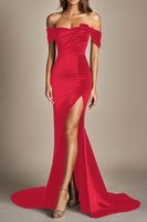 Load image into Gallery viewer, Black Off the Shoulder Mermaid Long Formal Dress with Slit