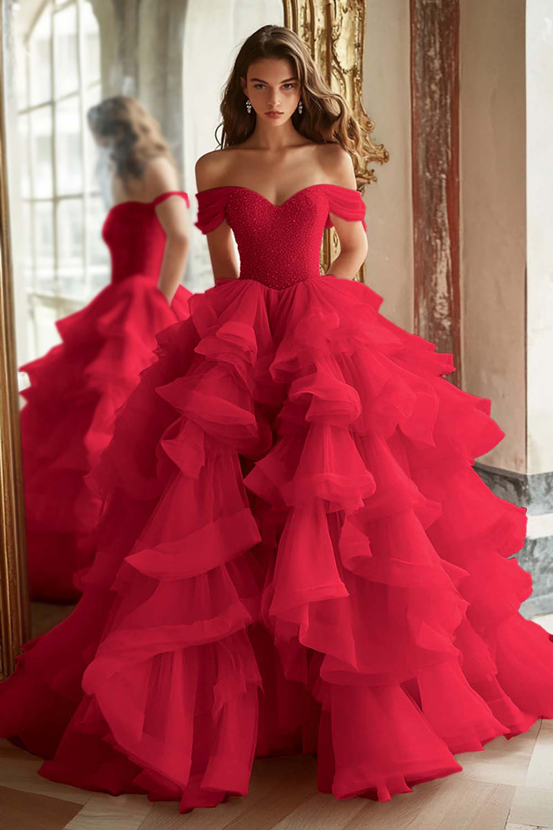 Load image into Gallery viewer, Princess Ball Gown Dusty Blue Off the Shoulder Long Tulle Prom Dress
