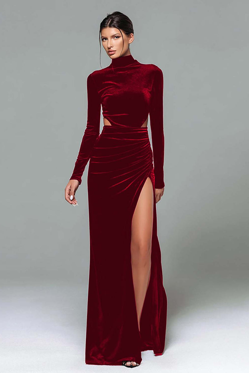 Load image into Gallery viewer, Plum High Neck Velvet Sheath Cut Out Long Holiday Party Dress