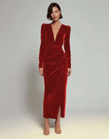 Load image into Gallery viewer, Olive Sheath Deep V-Neck Velvet Long Holiday Party Dress with Sleeves