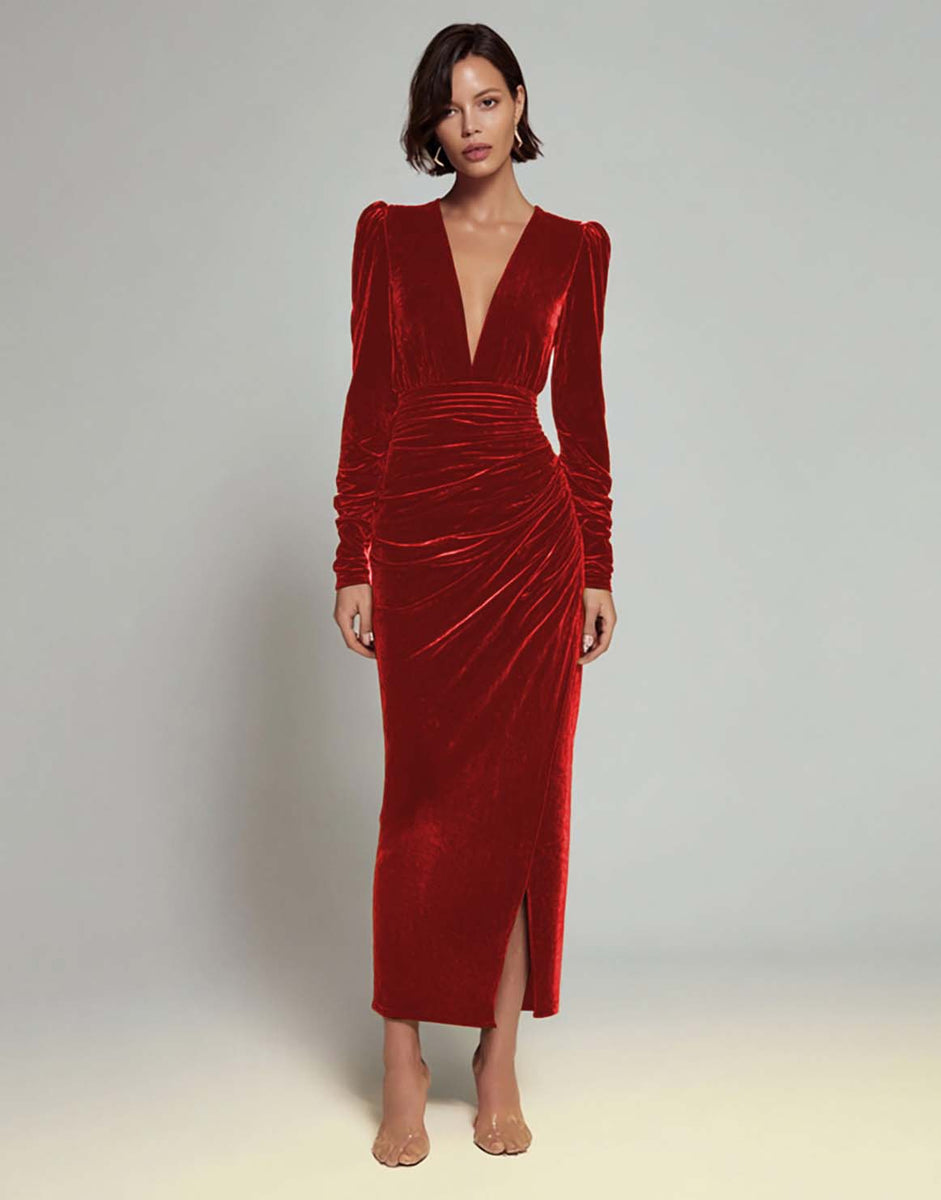Load image into Gallery viewer, Olive Sheath Deep V-Neck Velvet Long Holiday Party Dress with Sleeves