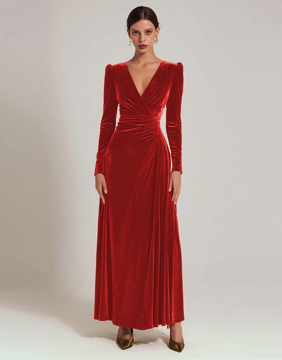 Load image into Gallery viewer, Olive A Line V-Neck Velvet Long Holiday Party Dress with Sleeves