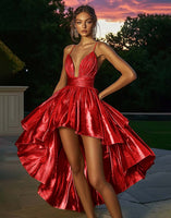 Load image into Gallery viewer, Sparkly Gold Metallic Ruched A Line High-Low Cocktail Dress