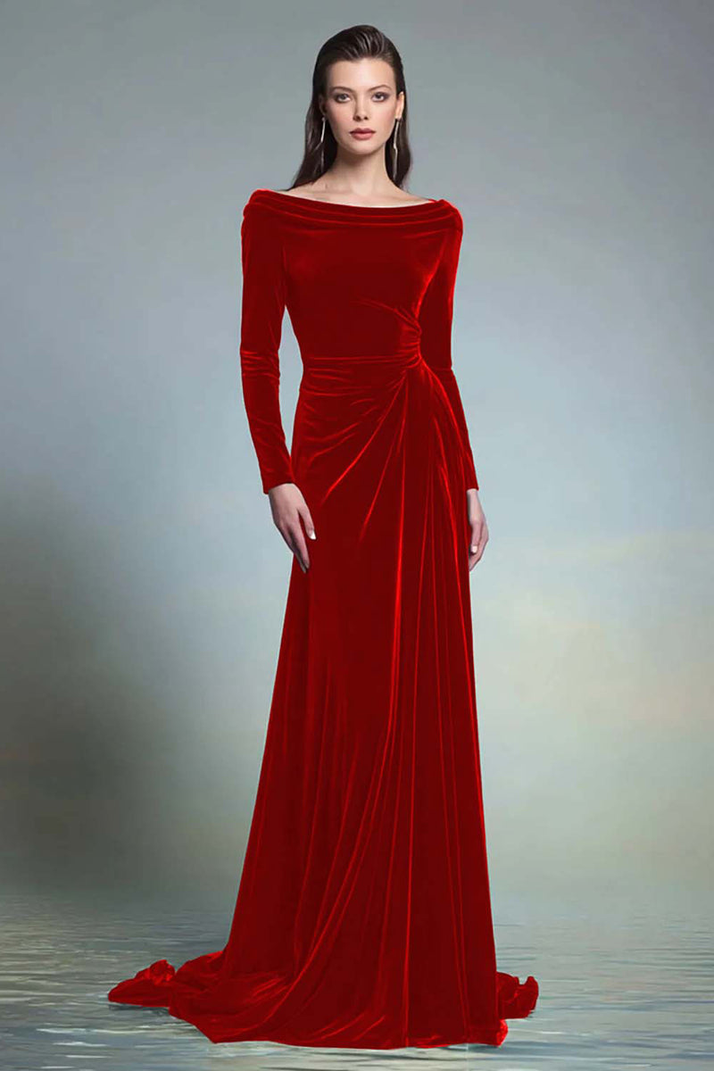 Load image into Gallery viewer, Cabernet Velvet Bateau Neck Long Formal Dress with Sleeves