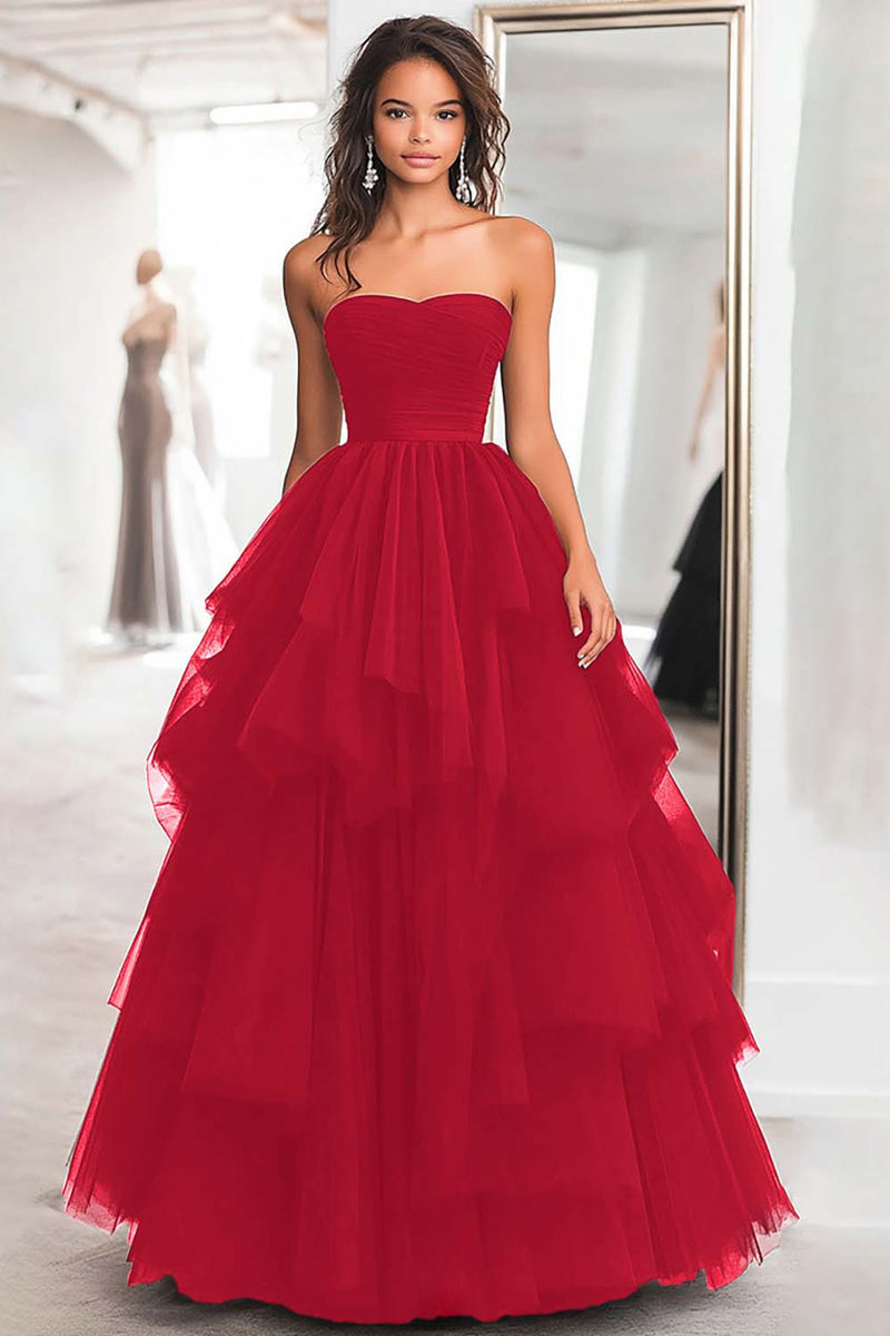 Load image into Gallery viewer, Black Strapless Tulle Tiered Floor Length Prom Dress