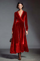 Load image into Gallery viewer, Coffee V-Neck Long Sleeves Velvet Holiday Party Dress with Lace