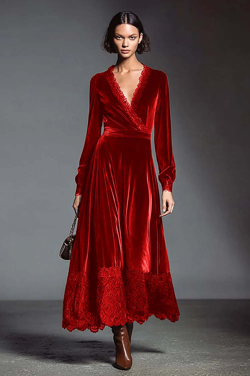 Load image into Gallery viewer, Coffee V-Neck Long Sleeves Velvet Holiday Party Dress with Lace