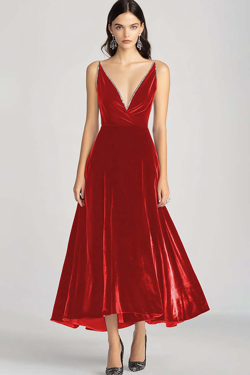 Load image into Gallery viewer, Burgundy Velvet V-Neck A Line Long Formal Dress