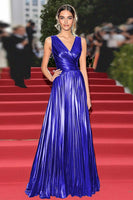 Load image into Gallery viewer, Gold V-Neck Metallic Pleated A Line Long Formal Dress