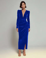 Load image into Gallery viewer, Olive Sheath Deep V-Neck Velvet Long Holiday Party Dress with Sleeves