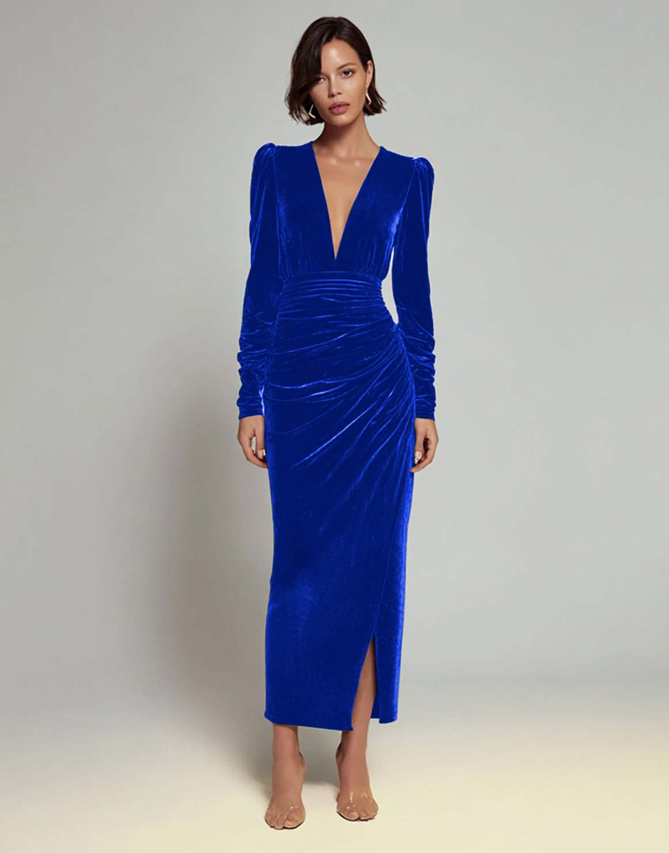 Load image into Gallery viewer, Olive Sheath Deep V-Neck Velvet Long Holiday Party Dress with Sleeves