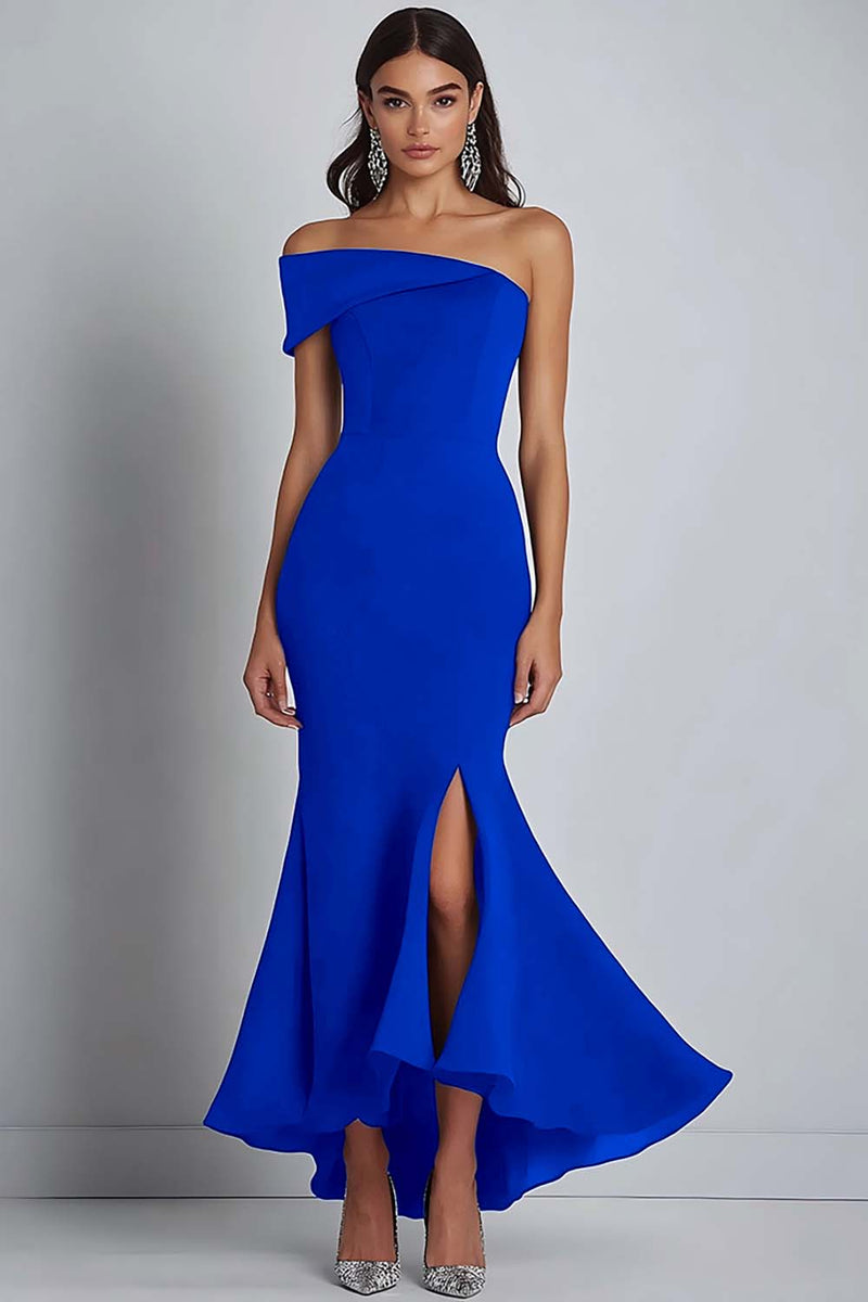Load image into Gallery viewer, Navy Satin Off the Shoulder Sheath Long Formal Dress with Slit