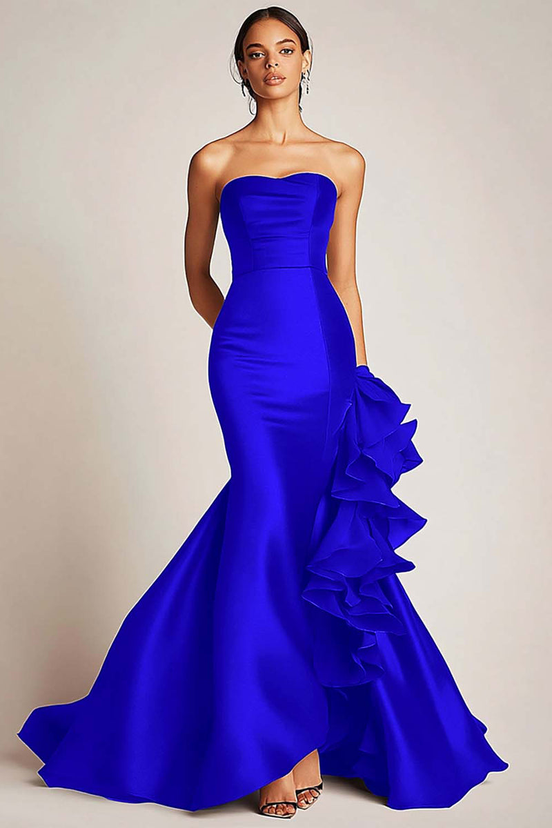 Load image into Gallery viewer, Satin Mermaid Long Black Tie Dress with Ruffles