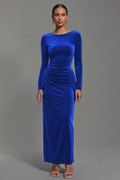 Load image into Gallery viewer, Navy Velvet Sheath Boat Neck Long Holiday Party Dress with Sleeves