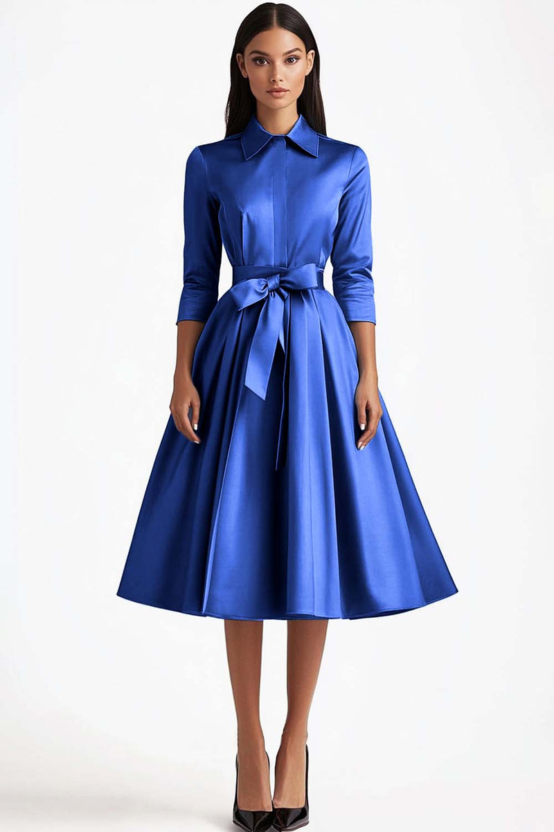 tea length evening dresses uk Simple V Neck Satin Tea Length Prom Dress Wedding Dress main image 1