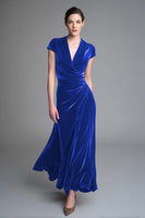 Load image into Gallery viewer, Plum Ruched V Neck Velvet Long Holiday Party Dress with Sleeves