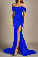 Load image into Gallery viewer, Black Off the Shoulder Mermaid Long Formal Dress with Slit