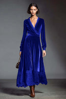 Load image into Gallery viewer, Coffee V-Neck Long Sleeves Velvet Holiday Party Dress with Lace