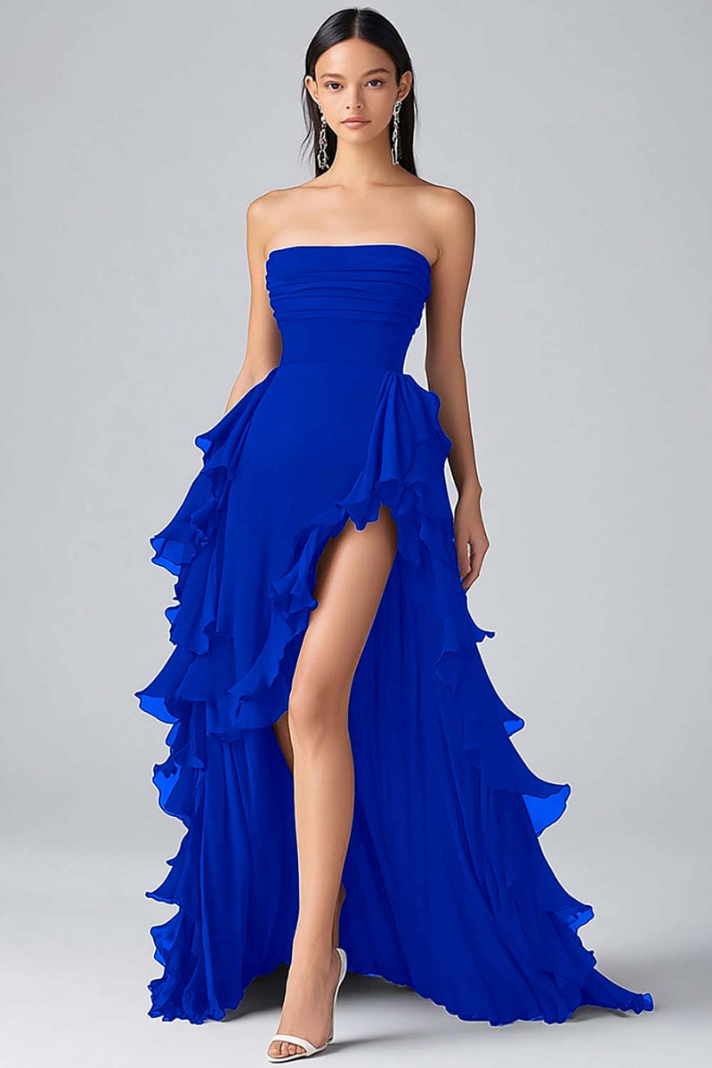 Load image into Gallery viewer, Black Strapless Tiered Long Chiffon Formal Dress with Slit