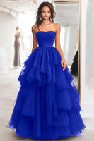 Load image into Gallery viewer, Black Strapless Tulle Tiered Floor Length Prom Dress