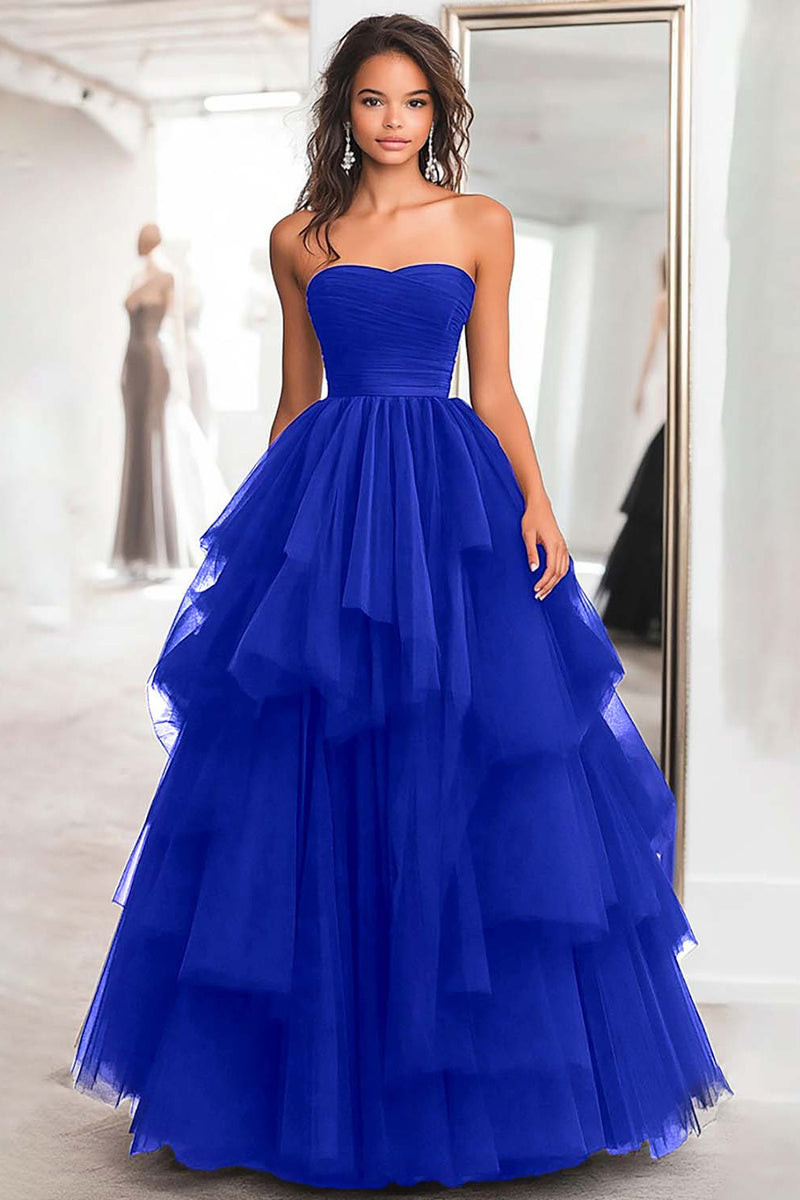 Load image into Gallery viewer, Black Strapless Tulle Tiered Floor Length Prom Dress