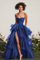 Load image into Gallery viewer, Dark Green Ruched Tiered Strapless Long Formal Dress with Slit