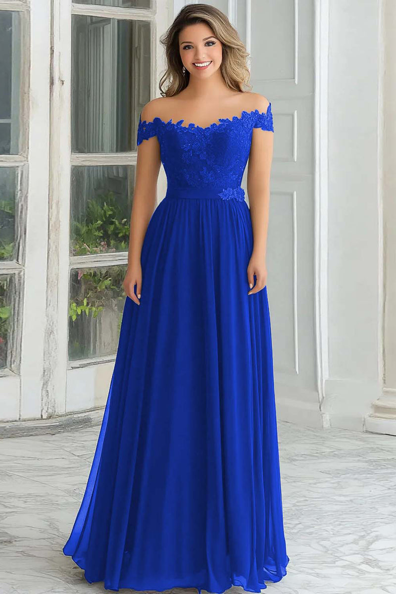 Load image into Gallery viewer, Floral Off the Shoulder Navy Mother of the Bride Dress