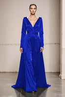 Load image into Gallery viewer, Peacock Green Satin V-Neck A Line Long Formal Dress with Sleeves