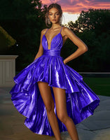 Load image into Gallery viewer, Sparkly Gold Metallic Ruched A Line High-Low Cocktail Dress