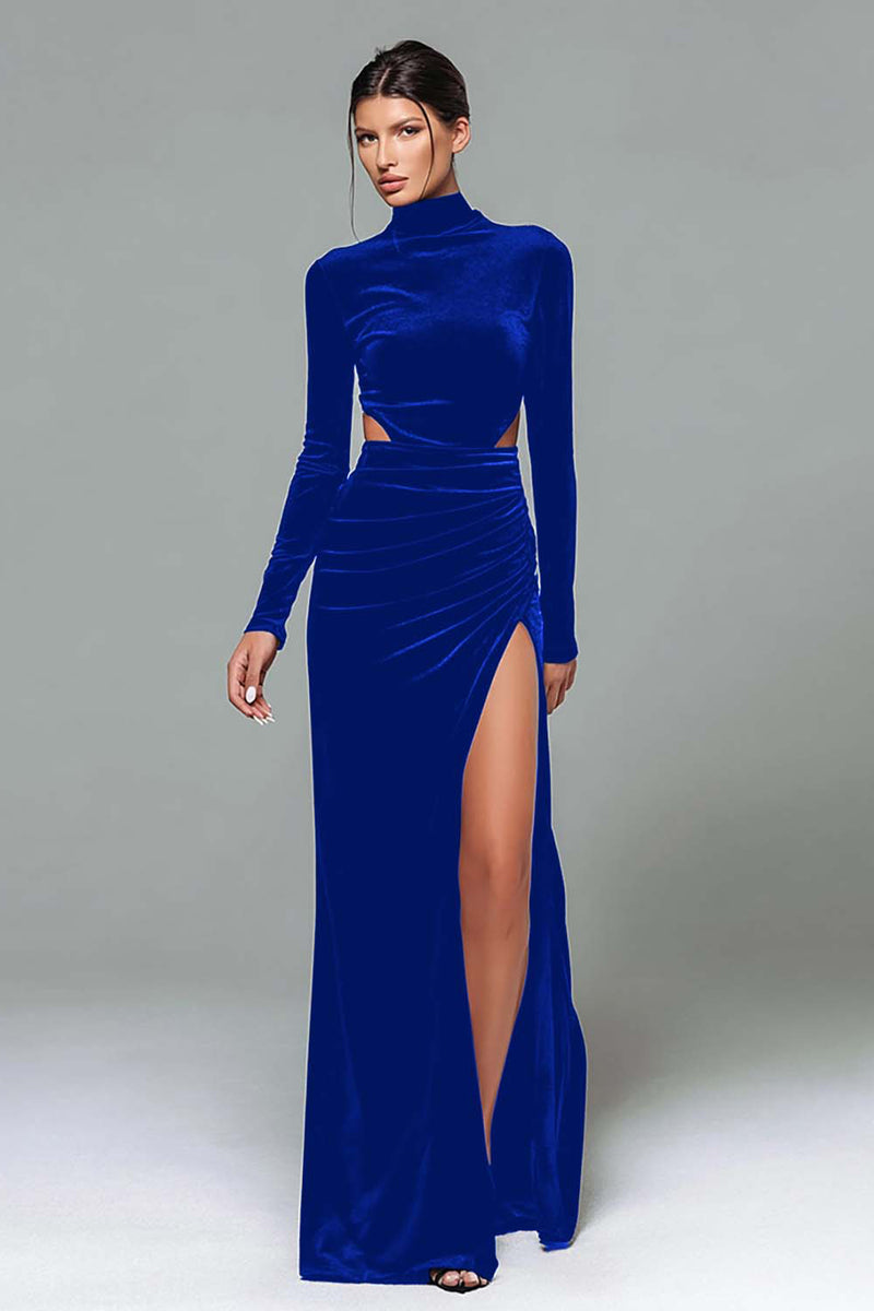 Load image into Gallery viewer, Plum High Neck Velvet Sheath Cut Out Long Holiday Party Dress