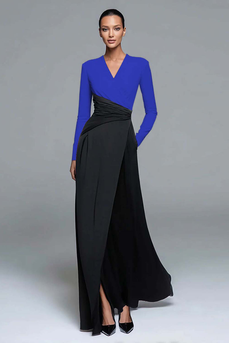 Load image into Gallery viewer, Black and White Patchwork Long Sleeves V-Neck Formal Dress with Pockets