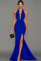 Load image into Gallery viewer, Black Mermaid Satin Halter Long Formal Dress with Slit