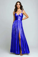 Load image into Gallery viewer, Silver Metallic Spaghetti Straps Pleated Long Formal Dress with Slit