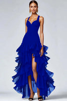 Load image into Gallery viewer, Women Royal Blue Organza Ruffled Formal Dress Spaghetti Straps A Line High Low Black Tie Dress