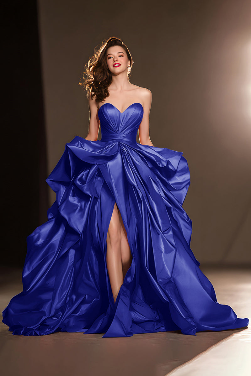 Load image into Gallery viewer, Dark Red Sweetheart Ball Gown Ruffled Long Pageant Dress with Slit