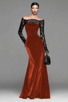 Load image into Gallery viewer, Burgundy Velvet Long Sleeves Mermaid Holiday Party Dress with Lace