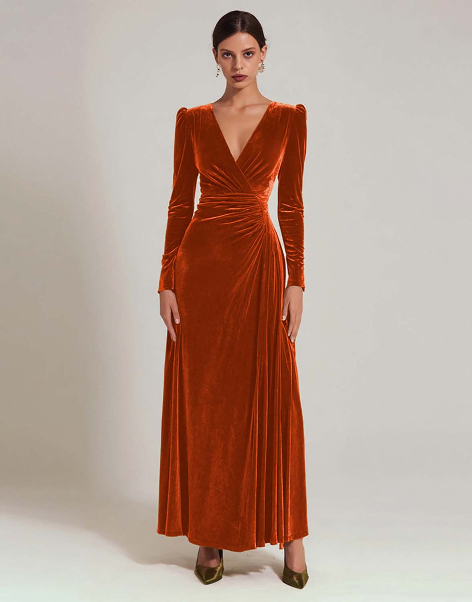 Load image into Gallery viewer, Olive A Line V-Neck Velvet Long Holiday Party Dress with Sleeves