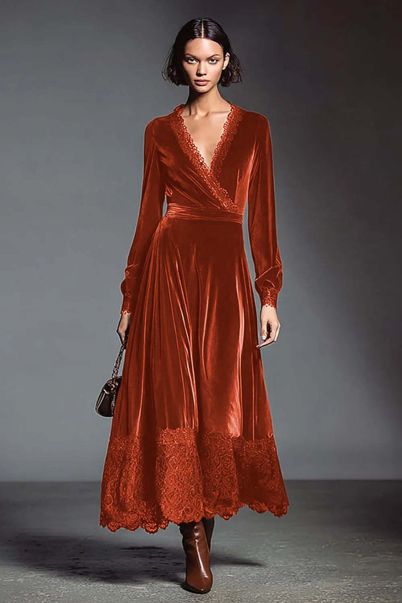 Load image into Gallery viewer, Coffee V-Neck Long Sleeves Velvet Holiday Party Dress with Lace