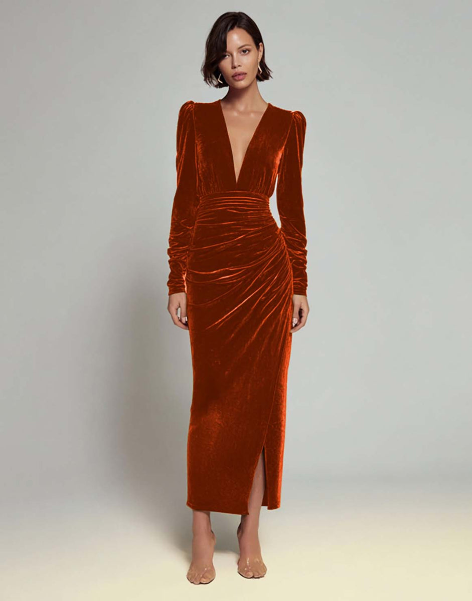 Load image into Gallery viewer, Olive Sheath Deep V-Neck Velvet Long Holiday Party Dress with Sleeves