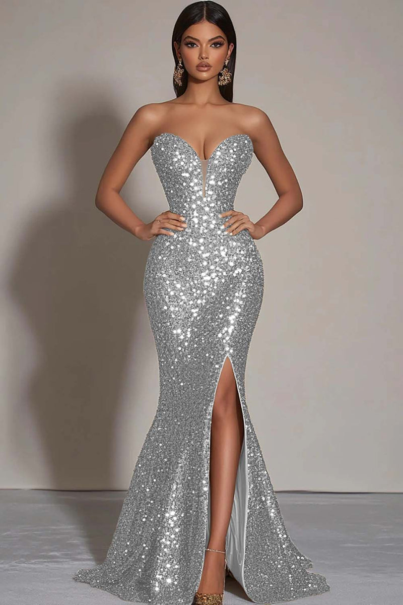 Load image into Gallery viewer, Women Sparkly Sliver Sequins Formal Dress with Slit Strapless Mermaid Sweetheart Long Party Dress