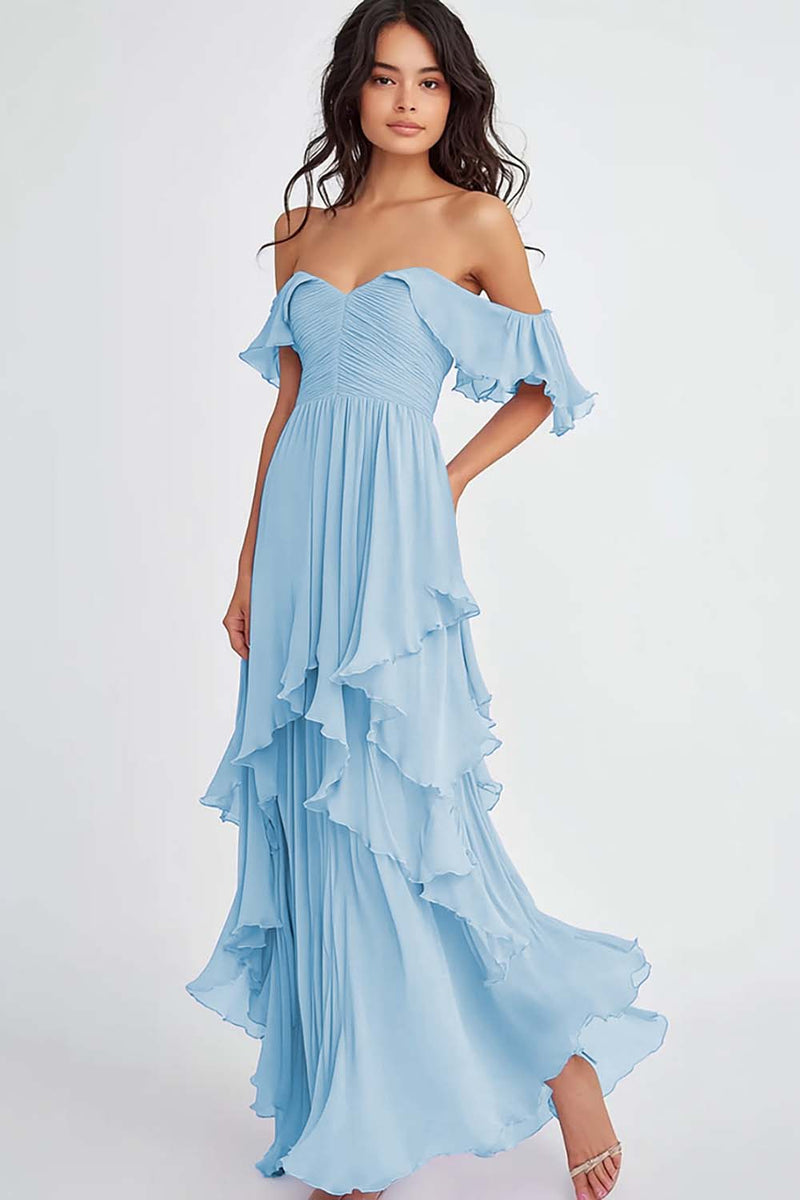 Load image into Gallery viewer, Dusty Blue Ruffled Off the Shoulder Long Formal Dress
