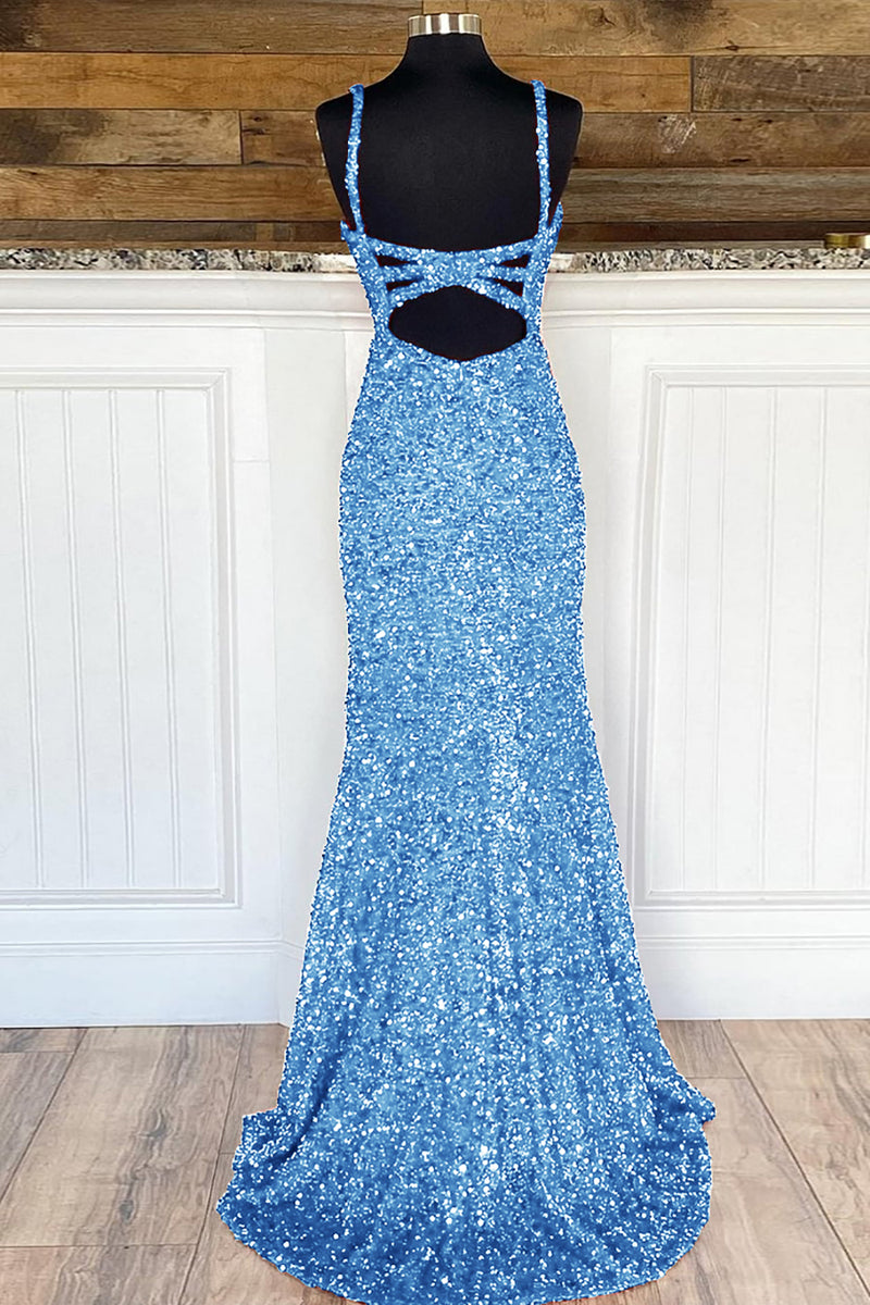 Load image into Gallery viewer, Sheath Spaghetti Straps Sky Blue Sequins Prom Dress with Split Front