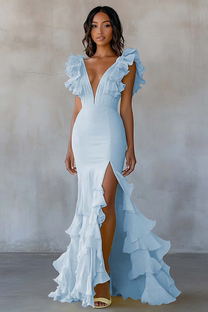 Load image into Gallery viewer, Dusty Blue Mermaid Ruffled Chiffon Long Formal Dress with Slit